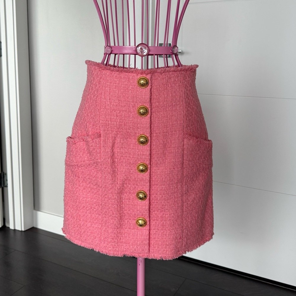 Balmain Pink A-Line Skirt with Gold Buttons